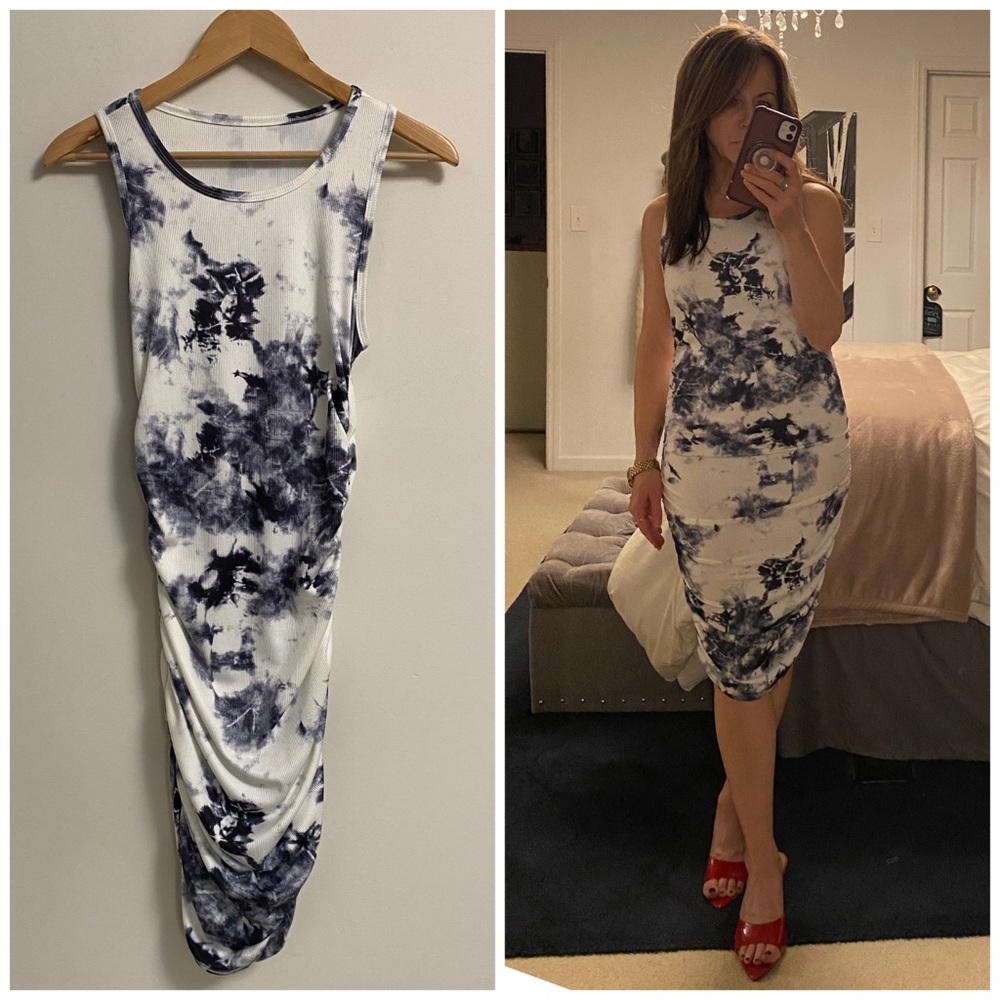 Body-con White & Navy Tie-Dye Sleeveless Midi Dress MEDIUM